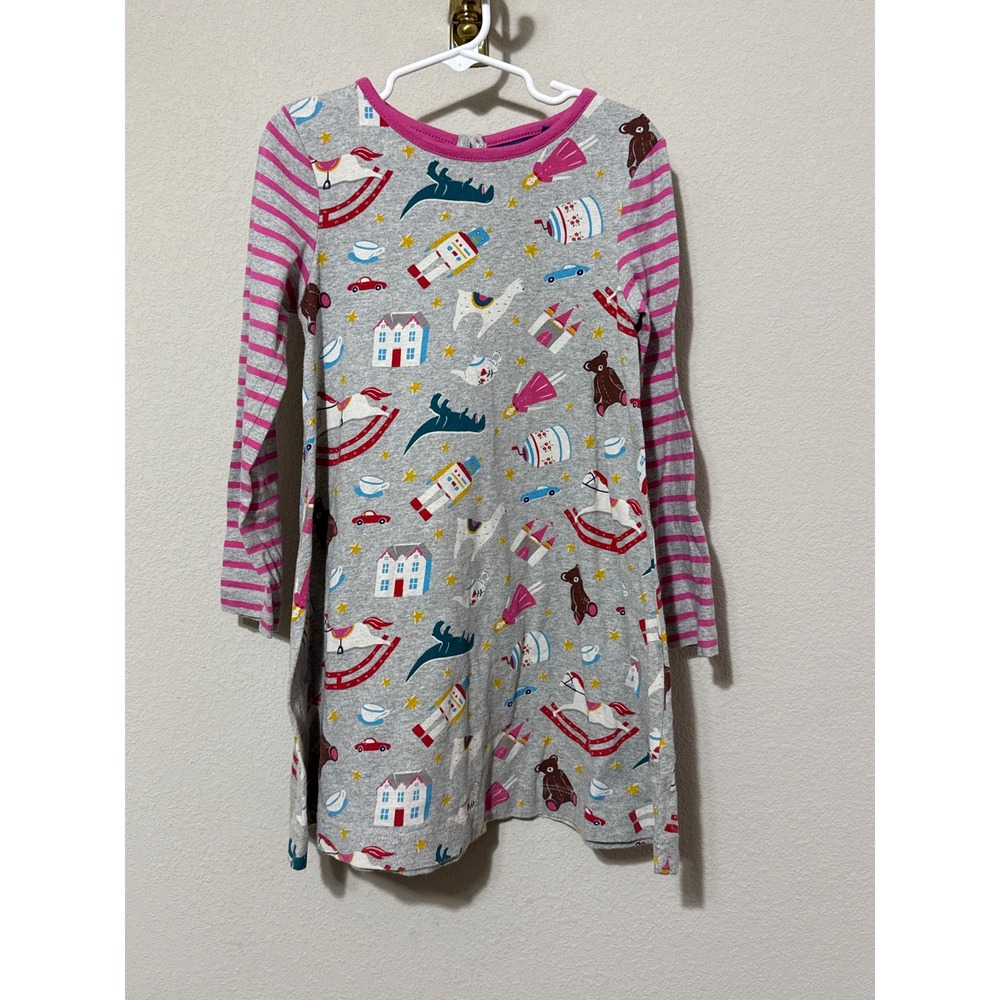 Boden Novelty Print Dress Kids 6Y Gray Pink Long Sleeve Cotton Rocking Horse Toy